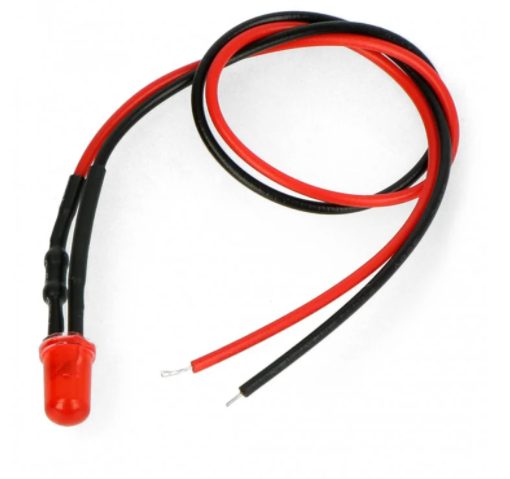 LED dioda červená s rezistorem na vodiči 5mm 5-9V