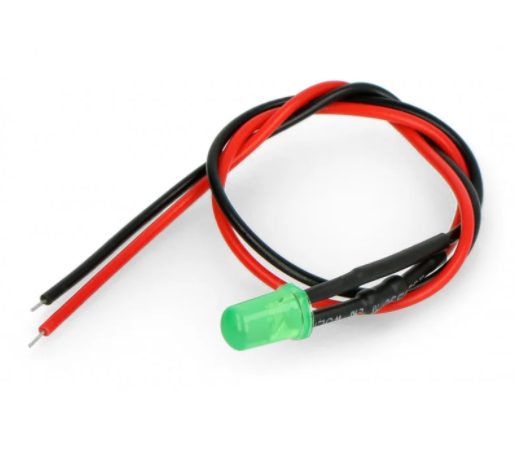 LED dioda zelená s rezistorem na vodiči 5mm 5-9V